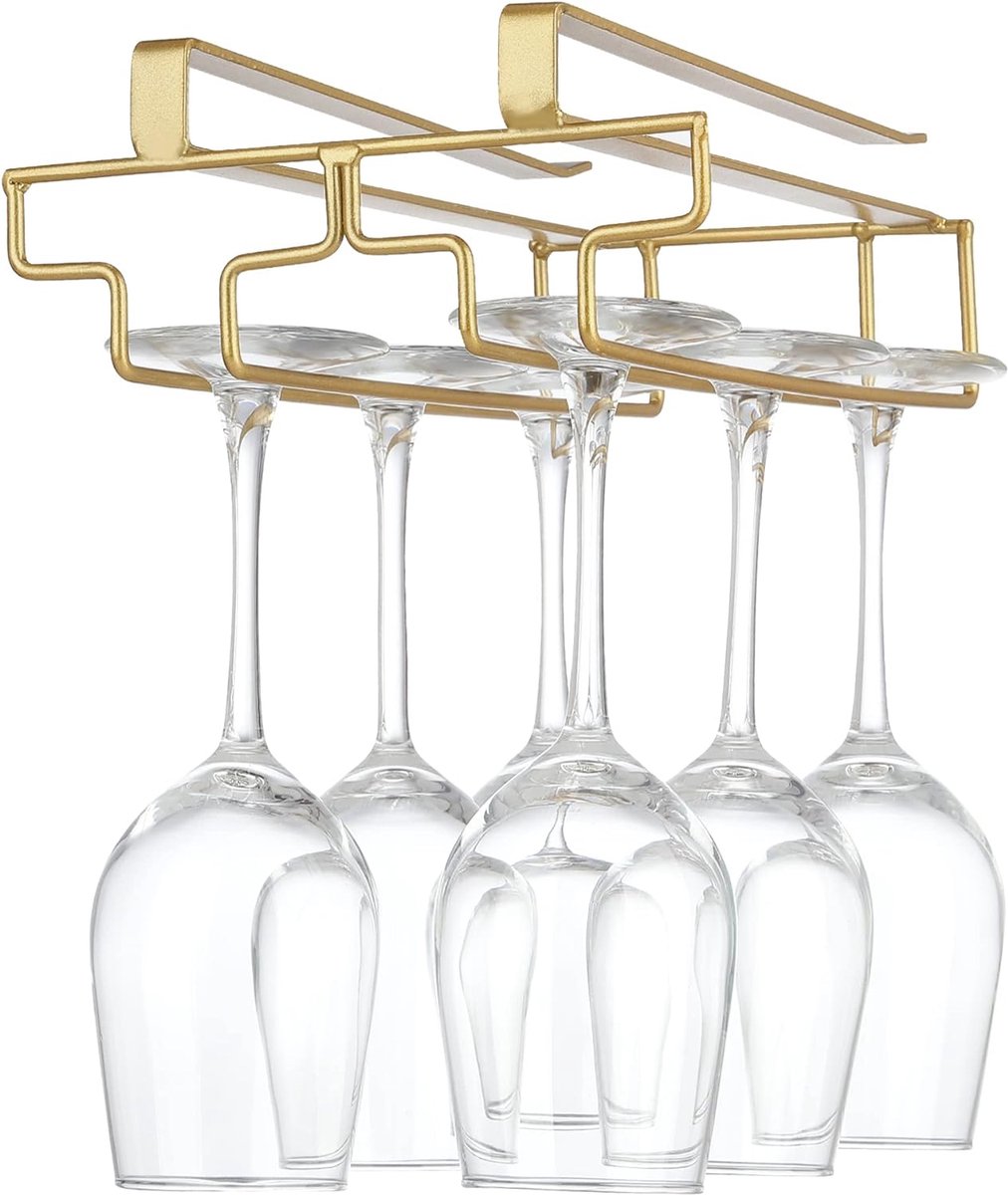 Wijnglashouder onder de kast, glashouder voor wijnglazen, steelglazen, hangend wijnglasrek, glazen houder van metaal, glasopslag voor keuken, bar en restaurant, goud