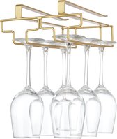 Wijnglashouder onder de kast, glashouder voor wijnglazen, steelglazen, hangend wijnglasrek, glazen houder van metaal, glasopslag voor keuken, bar en restaurant, goud