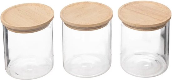 5Five Pots en Verres 350 ml avec couvercle hermétique en bois d'hévéa - Set de 3 - Transparent