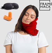 Framehack Oreiller de voyage doux - Oreiller de voyage - Soutien du cou - Oreiller cervical - avec masque de sommeil 3D et bouchons d'oreilles - Rouge