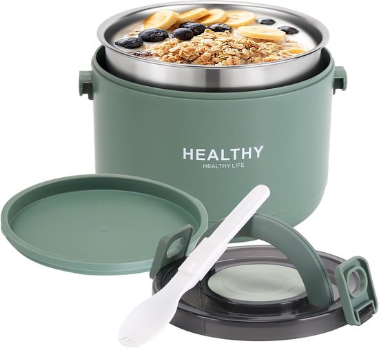 Foto: Thermocontainer voor eten 1000 ml roestvrij staal warmhoudcontainer voor eten en kinderen thermische lunchbox met gespafdekking voor soep muesli stoofpot groen 