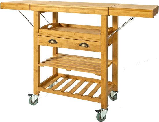 Relaxdays kitchen trolley bamboo ALFRED S, 2 stainless steel baskets, drawer, kitchen rack on wheels, HBD: 82.5 x 37.5 x 37.5 cm, nature