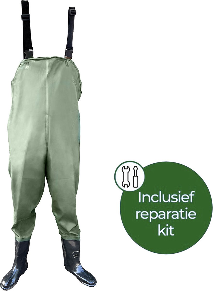 EASTWALL Waadpak – Schoenmaat 42 – Waterdicht PVC – Waadbroek met laarzen – Warmtepak – Lieslaarzen – Groen