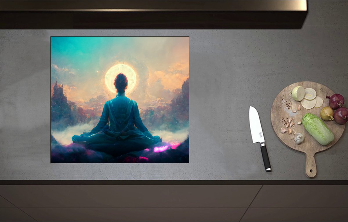 Inductieplaat Beschermer - Achteraanzicht van Biddende Vrouw naar Horizon - 60x55 cm - 2 mm Dik - Inductie Beschermer - Bescherming Inductiekookplaat - Kookplaat Beschermer van Zwart Vinyl