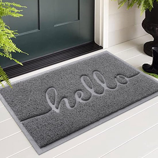 "Hello" deurmat voor binnen en buiten, antislip vuilvangmat, deurmat, wasbare deurmat voor huisdeur, entree, tuin, 60 x 90 cm, stijl 2, grijs