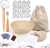 Ronde rijsmandje, diameter 23 cm, natuurlijke rieten gistmand brood met linnen inzetstuk, broodzak, garde, deegschraper, bakkersmes en 16 decoratieve sjablonen