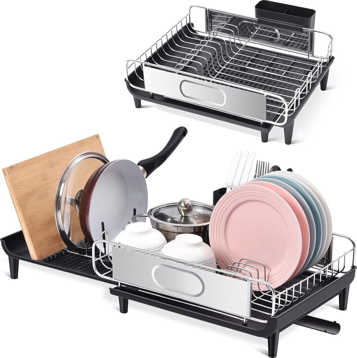 Goedkoopste Afdruiprek, uitbreidbaar afdruiprek met verhoogd hek, opvouwbare roestvrijstalen afdruiprek met afneembare bestekhouder, plaatframe en draaibare drainageuitloop, zwart