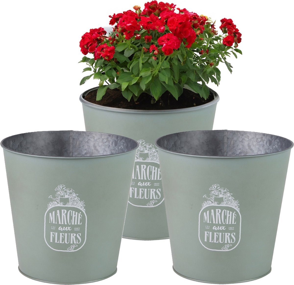 Goedkoopste Sunnydays Emmer/plantenpot/bloempot - 3x - zink - jadegroen - D23 x H22 cm