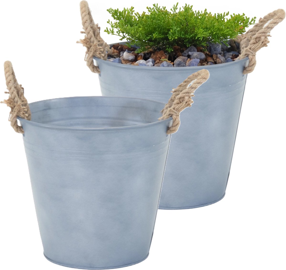Goedkoopste Mega Collections Emmer/plantenpot/bloempot Old Rope - 2x - zink - zilver - D28 X H27 cm