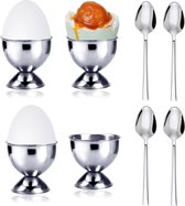 Eierdopjes van roestvrij staal voor zacht gekookte eieren, set van 8 met 4 eierdopjes en 4 eierlepels, eierhouder dienblad, eierstandaard voor elke ontbijttafel, harde en zachtgekookte eieren