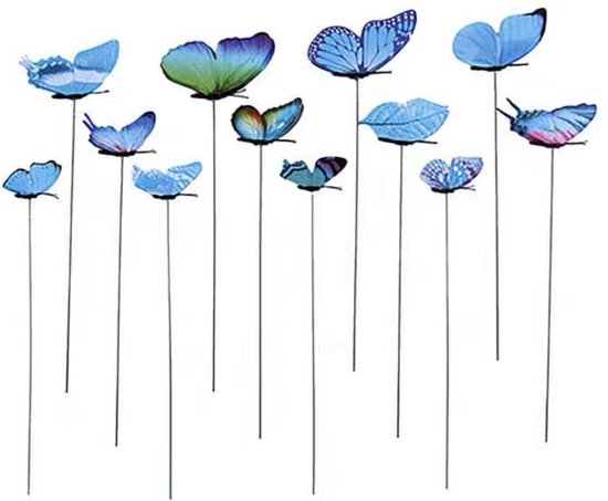 12 papillons joyeux sur bâtons / décoration de jardin / intérieur et extérieur / Blauw