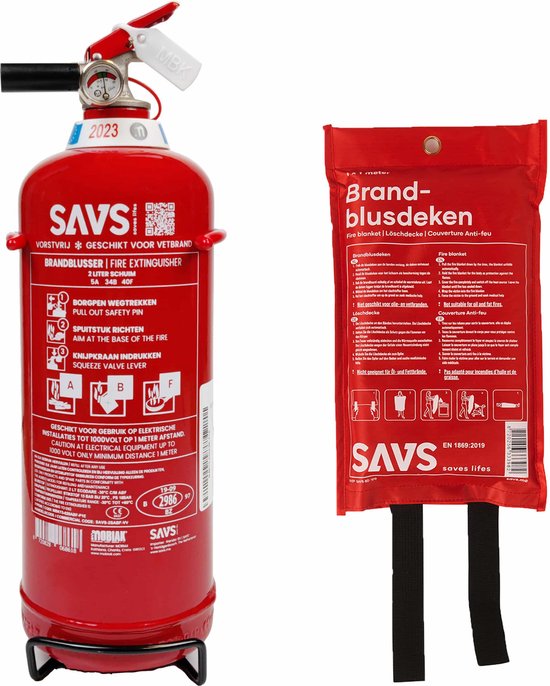 SAVS® Brandblus box - Vet middel - Brandblusser schuim 2 liter & Blusdeken 100x100cm - Blusrating 5A 34B 40F - Met montagebeugel & ophangoog - Geschikt voor horeca en keuken - Schuimblusser & Branddeken voor o.a. thuis & keuken