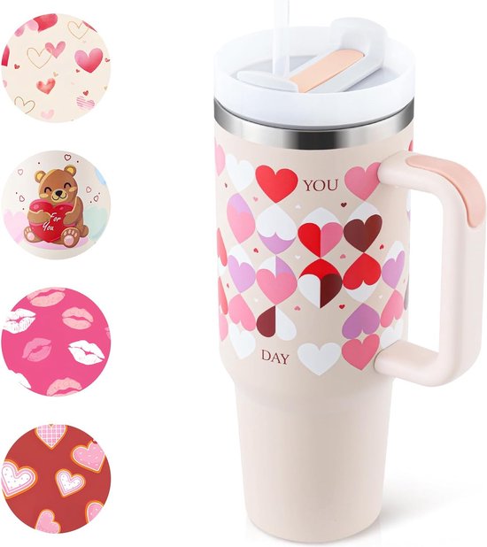 Valentijnsdag Thermobeker met rietje en handvat, 1180 ml, dubbelwandig, roestvrij staal, vacuüm drinkbeker, koffiemok voor thuis, reizen, sakura-poeder