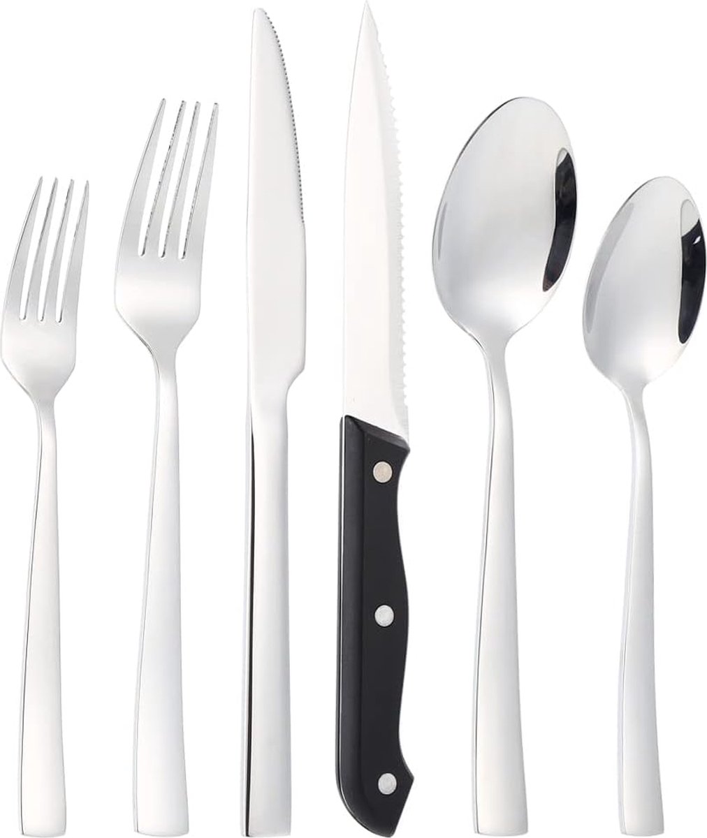 Bestekset voor 6 personen, 36-delig roestvrij staal, bestek incl. messen, vork, lepel, steakmessen, spiegelgepolijst, vaatwasmachinebestendig