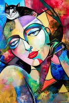 JJ-Art (Aluminium) 120x80 | Vrouw met poes op hoofd, abstract, vintage stijl, kleurrijk, kunst | mens, gezicht, kat, dier, rood, geel, groen, blauw, modern | foto-schilderij op dibond, metaal wanddecoratie