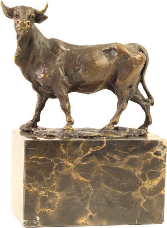 Stier - Bronzen Beeld - Stierenbeeld - Interieur Decoratie - Gesigneerd beeld - incl gieterij stempel - Brons Beeldje op een Marmer Sokkel - Sterrenbeeld Sculptuur - 15x8x18