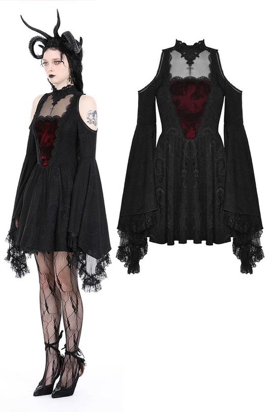 Dark in Love - Gothic ghost sexy shoulder big sleeves Korte jurk - XXL - Zwart/Rood