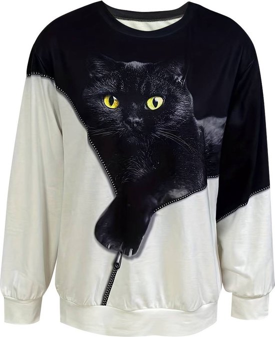Sweatshirt met kattenprint - poes - ronde hals - maat 44 - XL