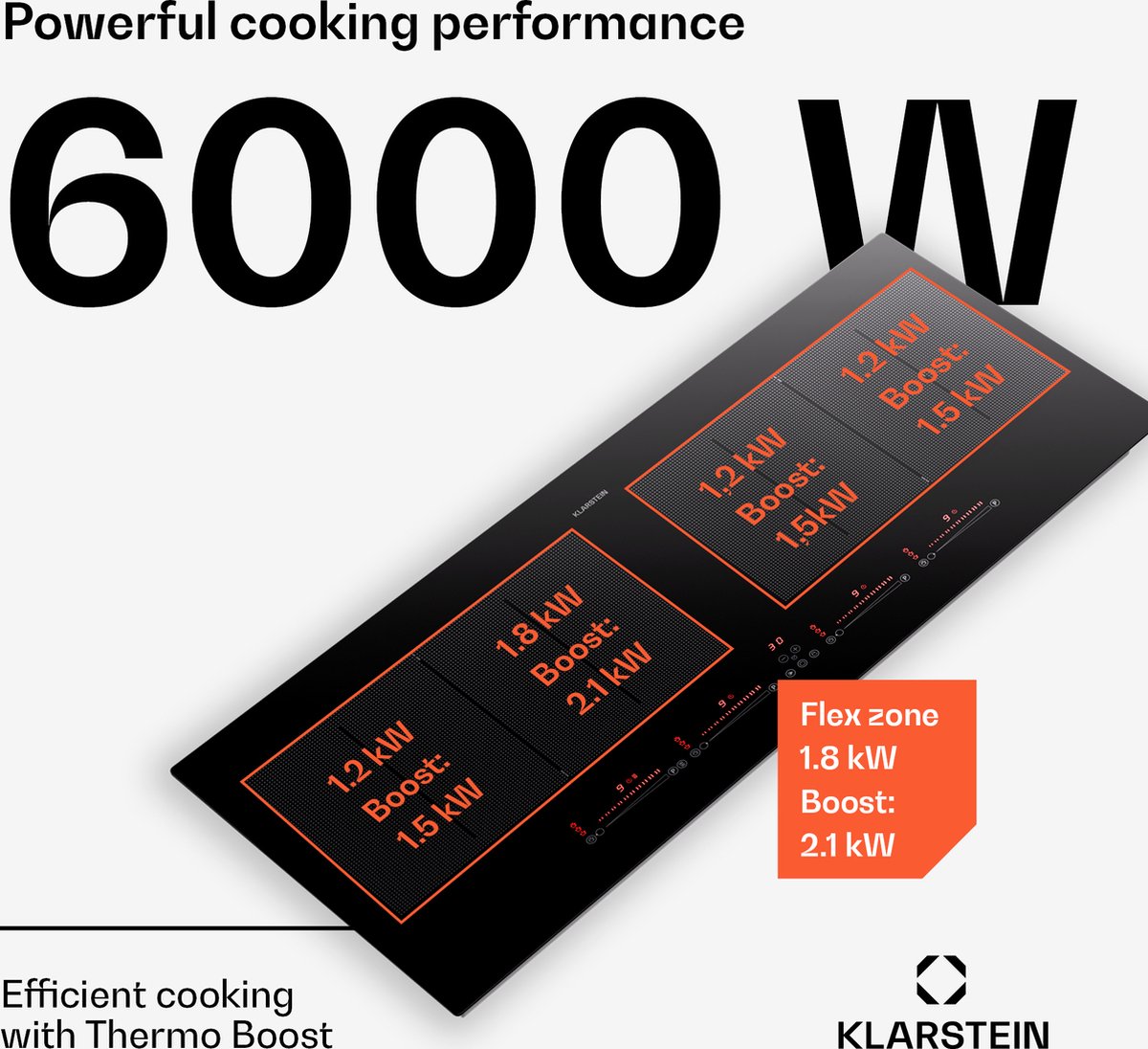 Klarstein Inductiekookplaat Masterzone 90 Slim Flex inbouw - 4 Kookzones - 2 Flexzones - ThermoBoost Smart Flex technology - Max. 7200 Watt - Zwart - 76 cm 2 Zones - voor Keuken - Touch Booster Kinderslot Pauzefunctie - Induction Hob