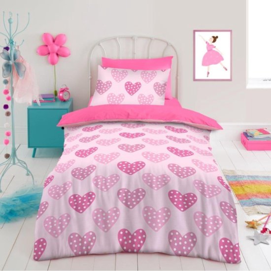 Kinderdekbedovertrek - love hearts - hartjes roze - eenpersoons - 135x200 + 50x75 cm