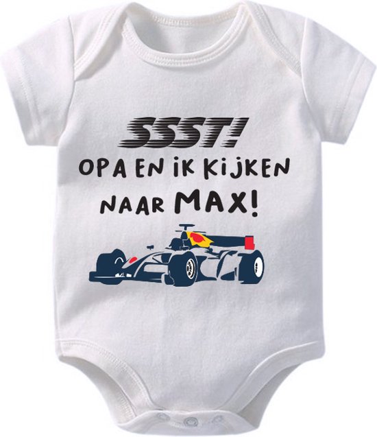 Hospitrix Baby Rompertje met Tekst "SSST! Opa en ik kijken MAX - Maat S - 0-3 maanden - 50/56 - go max - Korte Mouw - Cadeau - Zwangerschap - Aankondiging - Verstappen - Romper
