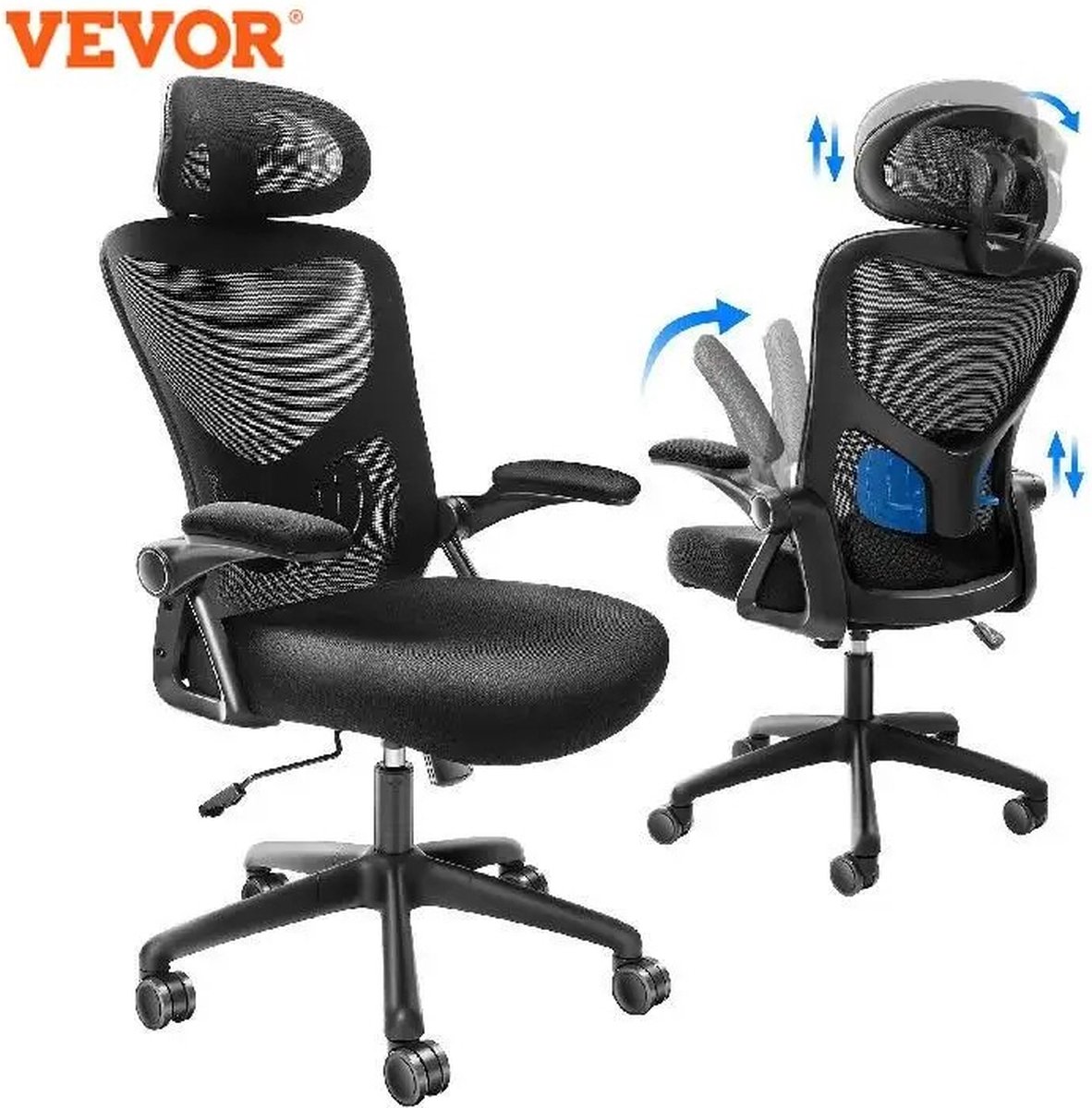 KBK® Ergonomische Kantoorstoel - Bureaustoelen voor Volwassenen - Kantoorstoel - Gamingstoel - Gaaszitting - Zwart