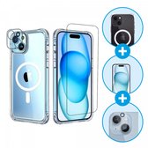 Schokbestendig Doorzichtig Hoesje | Compatibel met MagSafe | Geschikt voor iPhone 15 + 9H Tempered Glass Screen Protector + Camera Protector Transparant | 360° Beschermset | 3 in 1 set