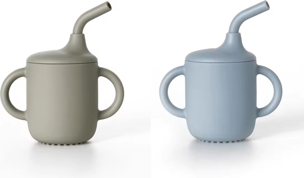 Goedkoopste 2 Stuks - Siliconen Drinkbeker Tuitbeker met Rietje - Kinder Oefenbeker met Oren - Open Beker - 180 ml - Blauw en Groen - BPA vrij