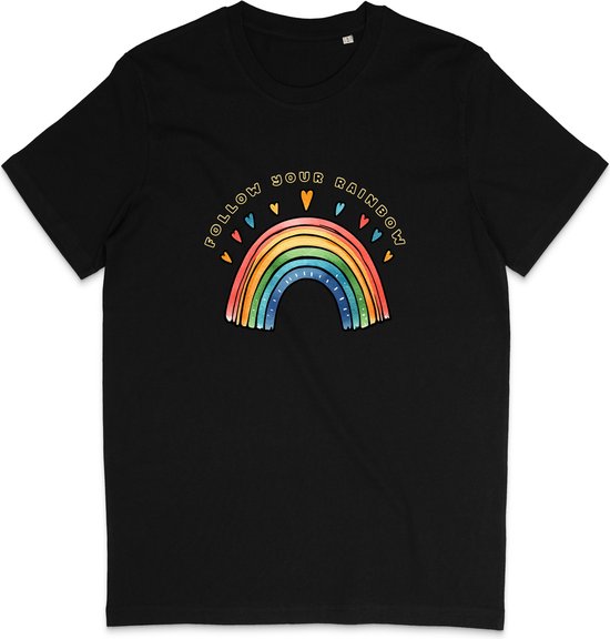 T Shirt Dames en Heren - Regenboog en Tekst: Follow Your Rainbow - Zwart - XL