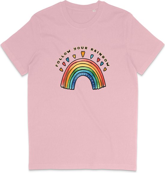 Foto: T shirt dames en heren regenboog en tekst follow your rainbow roze m