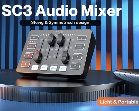 Fifine SC-3 audio mixer, stevig en symmetrisch design, licht en portable.
