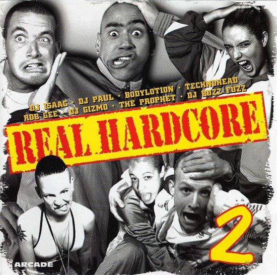 Albumcover met zes personen die gekke gezichten trekken en hun hoofd vasthouden. 'REAL HARDCORE 2' staat in grote letters.