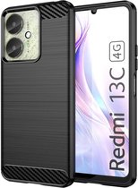 Geborsteld TPU Hoesje Geschikt voor Xiaomi Redmi 13C / Poco C65 | Beschermhoes | Back Cover | Flexibel TPU | Stijlvol Carbon | Dun | Zwart