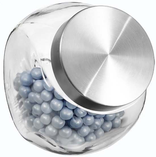 Bocal de stockage en verre avec couvercle en acier inoxydable, rempli de billes bleues.