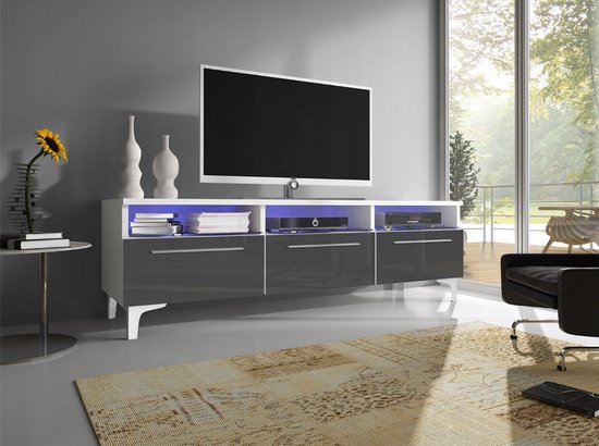 RTV 2W - TV-meubel + LED, woonkamermeubel, wit/grijs glans, op poten met planken, breedte 150 cm - Maxi Maja