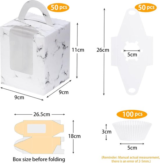 TsunNee 50 stuks Enkele Cupcake Dozen met Cupcake Liners, Individuele Cupcake Dozen, Papier Bakkerij Dozen Traktatie Dozen voor Verjaardag Bruiloft Baby Shower Feest Gunsten