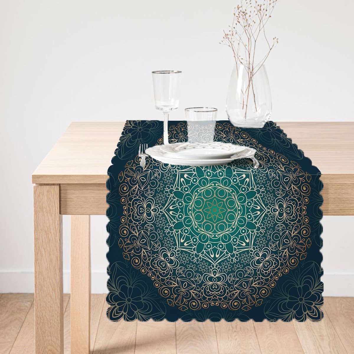 Velvet Textiel Tafelloper - Runner 45x220- Gold Mandala - Runner - Tafellaken - Tafelkleed - Tafelkleed