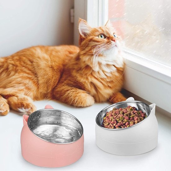 Dubbele kattenbakken, kattenvoerbakset, roestvrij staal, antislip, 15 graden helling, dubbele voerbak voor katten, huisdiervoerbakjes, voor huisdieren en kleine of middelgrote hond (groen
