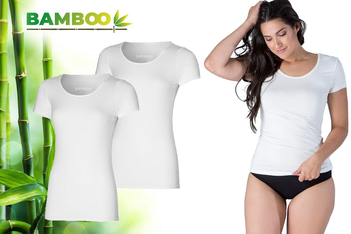 Bamboo - T Shirt Dames - Ronde Hals - 2 Stuks - Wit - XL - Bamboe Ondershirt - Anti Zweet Shirt - Ondershirt - Extra Lang - Dames shirts Korte Mouw