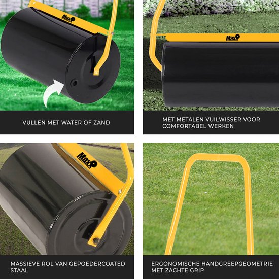 MaxxGarden gazonrol met zwarte stalen cilinder, geel frame en softgrip handgreep voor comfortabel gebruik.
