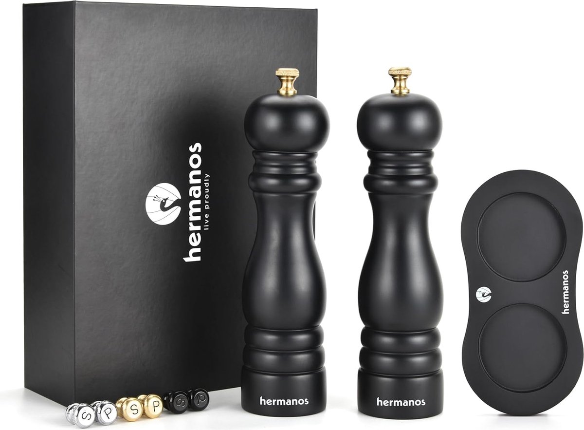 Peper- en Zoutmolenset Handleiding - Peper- en Zoutset - 22 cm - Verwisselbare knoppen Zwart, Zilver en Goud - Verstelbare maalgraad - Zwart Accacia