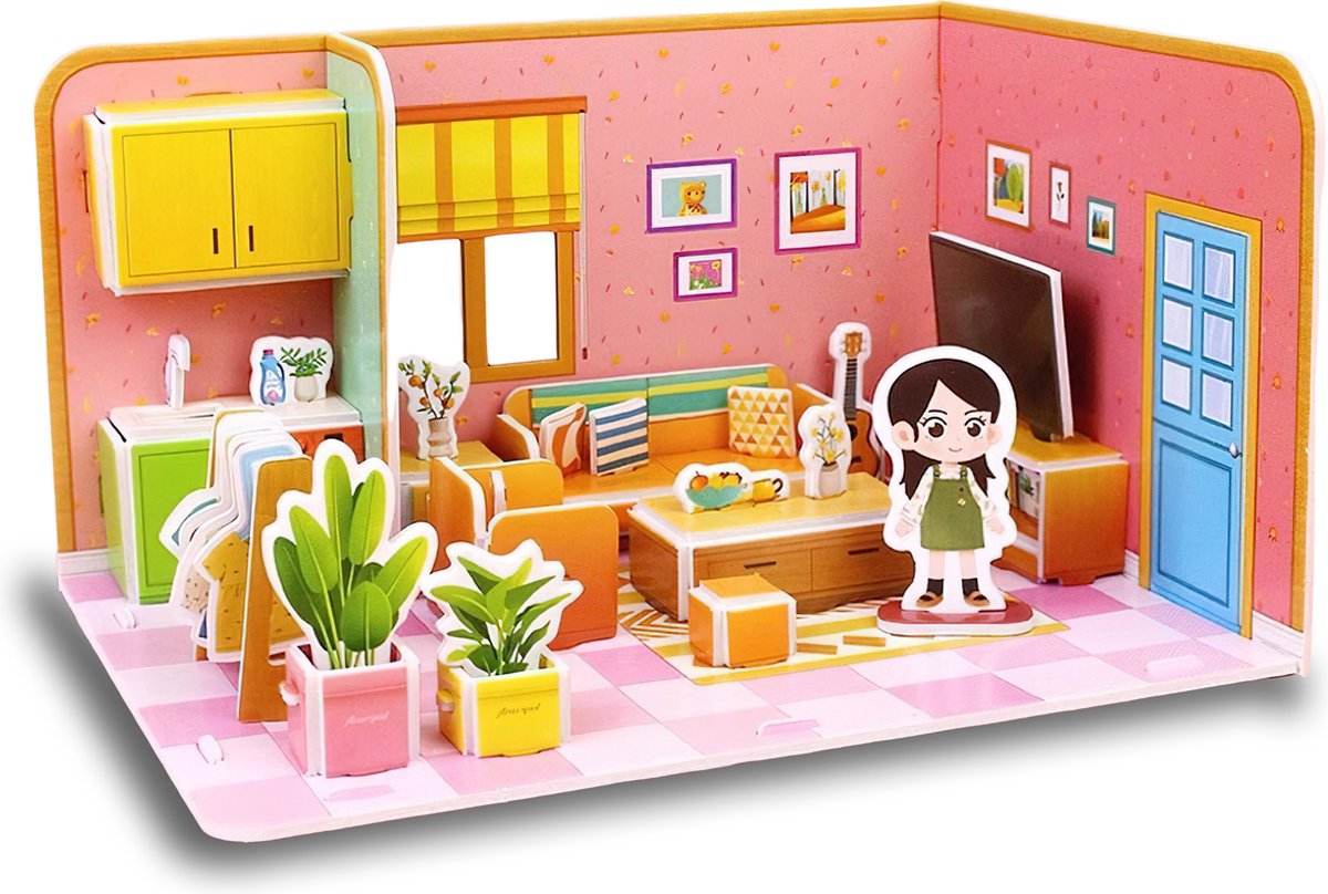 Ainy - 3D puzzel poppenhuis woonkamer met meubels: Miniatuur bouwpakket / speelgoed huisjes knutselpakket / educatief knutselen meisjes - hobby puzzels en creatief modelbouw voor kinderen & volwassenen | 48 stukjes