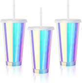 Drinkbekers - Set van 3 bekers - To go drinkfles - Waterfles met rietje -XXL Drinkfles met deksel en rietje - 710ML - Holographic