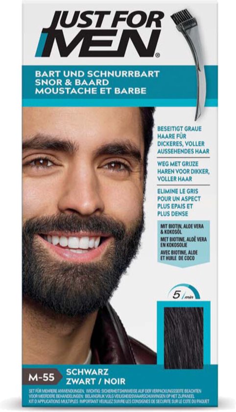 Just for Men Snor en Baard Haarkleuring M55 Zwart - Haarverf voor Mannen - Grijs Haar Verdwijnt in 5 Minuten - Versterkt Natuurlijke Kleur - Eenvoudig te Borstelen - Zonder Ammoniak - Meerdere Keren Bruikbaar - Blijft tot 8 Weken Zitten