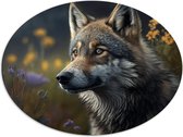 Dibond Ovaal - Wolf - Dier - Bloemen - Kleuren - 80x60 cm Foto op Ovaal (Met Ophangsysteem)