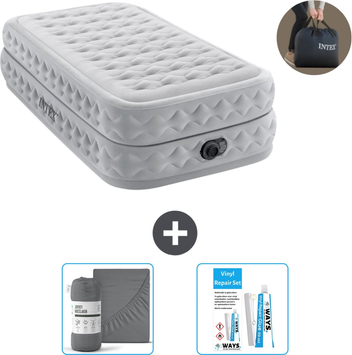Intex Luchtbed - 1-Persoons - 99 x 191 x 51 cm - Grijs - Inclusief pomp - Accessoires CB20