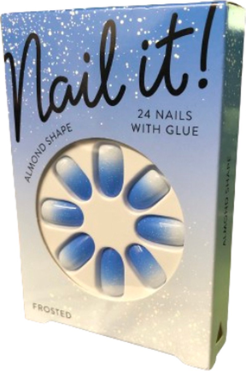 Nepnagels Frosted Kunststof Blauw Wit 24 Nagels met Lijm Almond Shape Plak nagels Kunstnagels