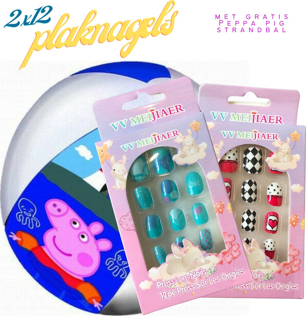 VV Meijiaer Plaknagels 2 x 12 Valse Nagels Met gratis Peppa Pig Strandbal! Geen Lijm Nodig Kinder Nepnagels