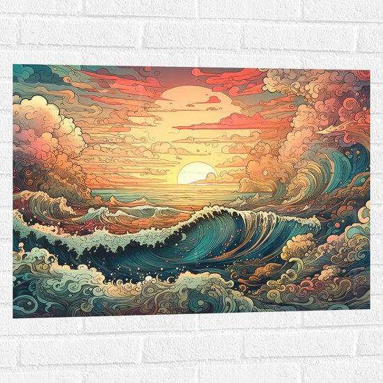 Muursticker - Schilderij - Oceaan - Zee - Golven - Zonsondergang - Wolken - Kleuren - 80x60 cm Foto op Muursticker