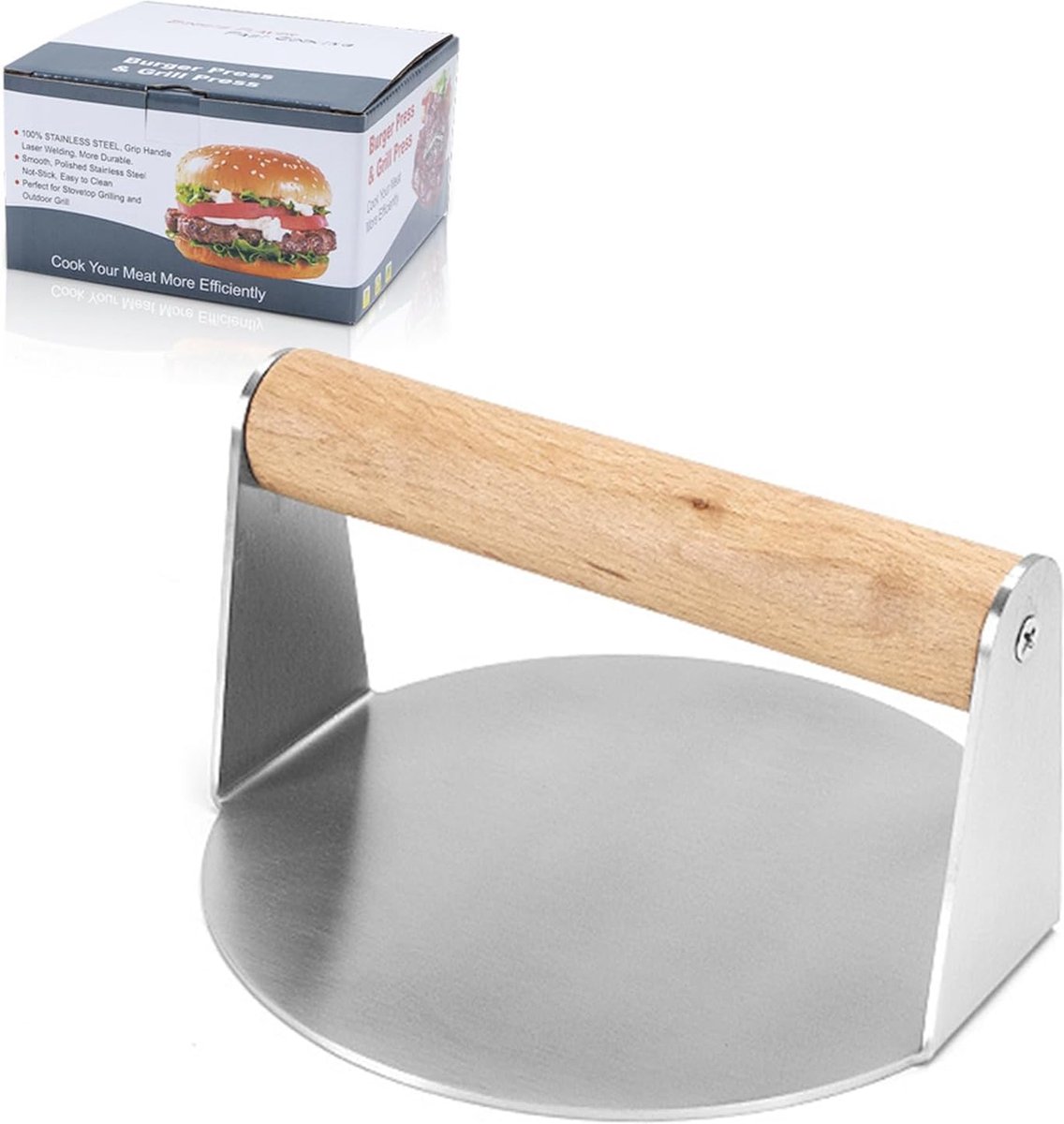 Burgerpers met houten handvat hamburgerpers professioneel grillaccessoire hamburgerpers 304 roestvrij staal geschikt voor platte grills hamburgerpersen en vetpers gemakkelijk te reinigen